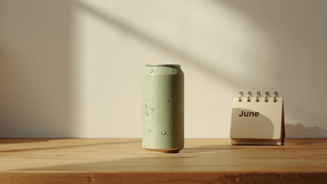 A chilled hemp beverage can on a wooden counter beside a June desk calendar in soft morning light